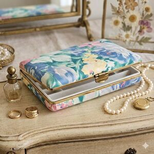 Vintage 90s Floral Fabric Jewelry Case – Padded Satin Keepsake Box, Gold Trim